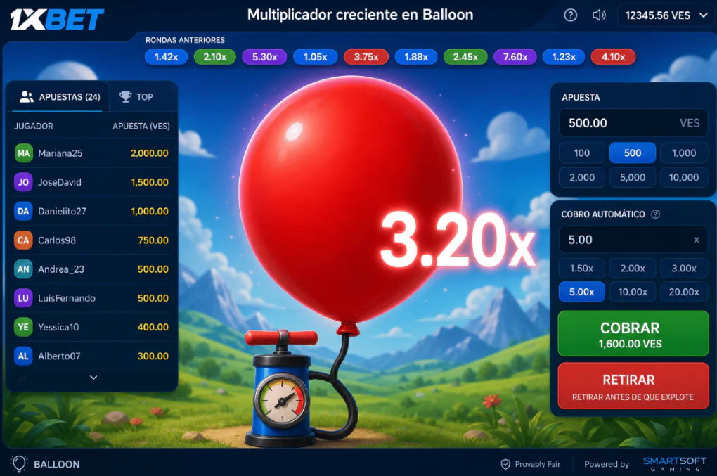 Interfaz principal con multiplicador creciente en Balloon de 1xBet - 1xbet-app.ve