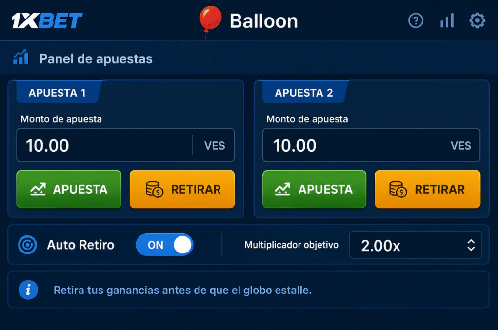 Panel de apuestas y función de retiro automático en Balloon 1xBet - 1xbet-app.ve 