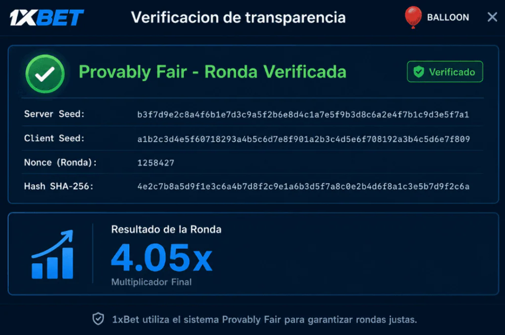 Verificación de transparencia y algoritmo Provably Fair en Balloon 1xBet - 1xbet-app.ve 