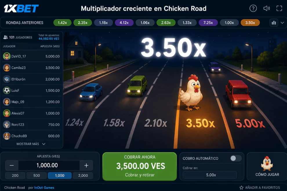 Interfaz principal con multiplicador creciente en Chicken Road de 1xBet - 1xbet-app.ve