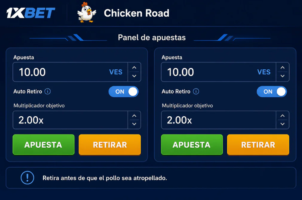 Panel de apuestas y función de retiro automático en Chicken Road 1xBet - 1xbet-app.ve 