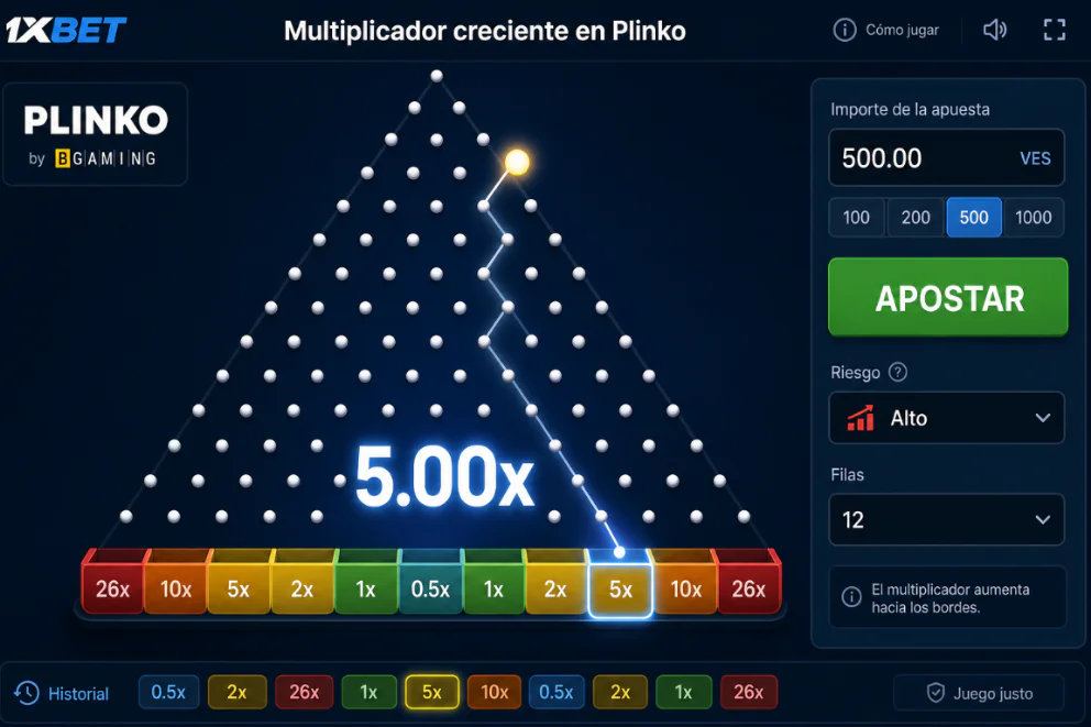 Interfaz principal con multiplicador creciente en Plinko de 1xBet - 1xbet-app.ve 