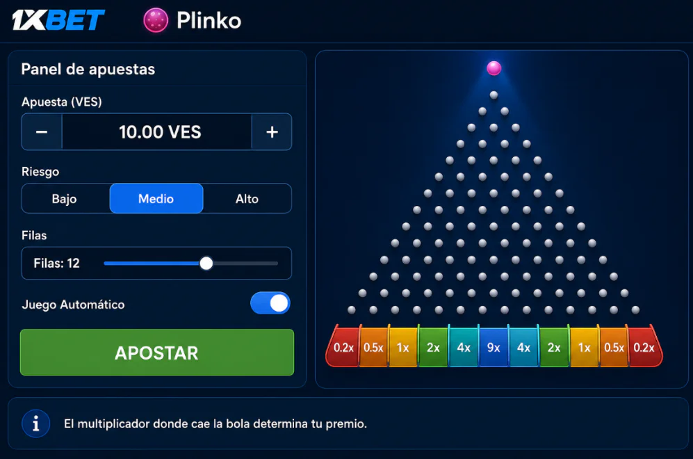 Panel de apuestas y función de retiro automático en Plinko 1xBet - 1xbet-app.ve