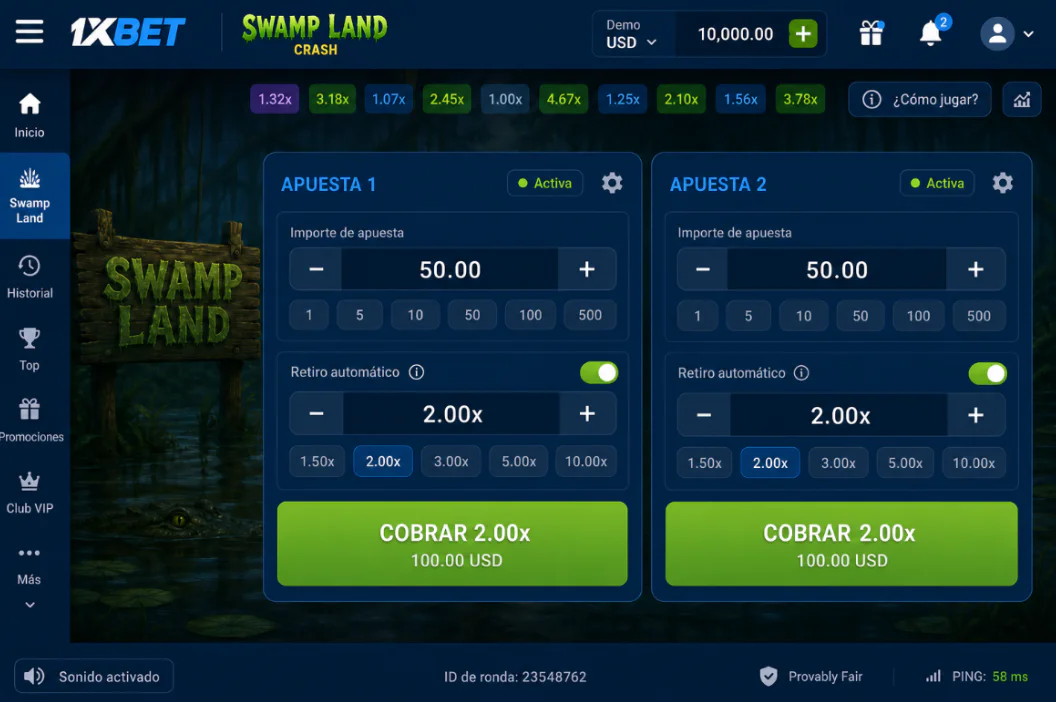 Panel de apuestas y función de retiro automático en Swamp Land 1xBet - 1xbet-app.ve