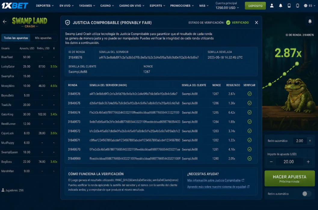 Verificación de transparencia y algoritmo Provably Fair en Swamp Land 1xBet - 1xbet-app.ve
