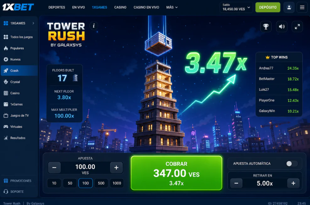 Interfaz principal con multiplicador creciente en Tower Rush de 1xBet - 1xbet-app.ve