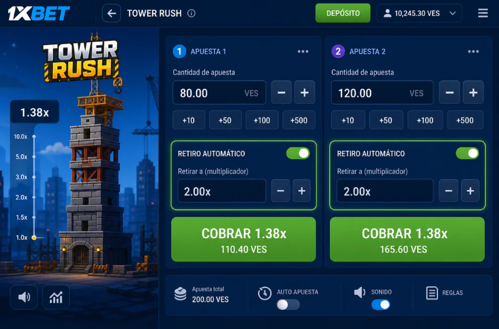 Panel de apuestas y función de retiro automático en Tower Rush 1xBet - 1xbet-app.ve