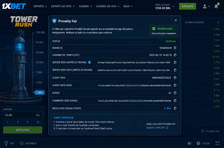 Verificación de transparencia y algoritmo Provably Fair en Tower Rush 1xBet - 1xbet-app.ve