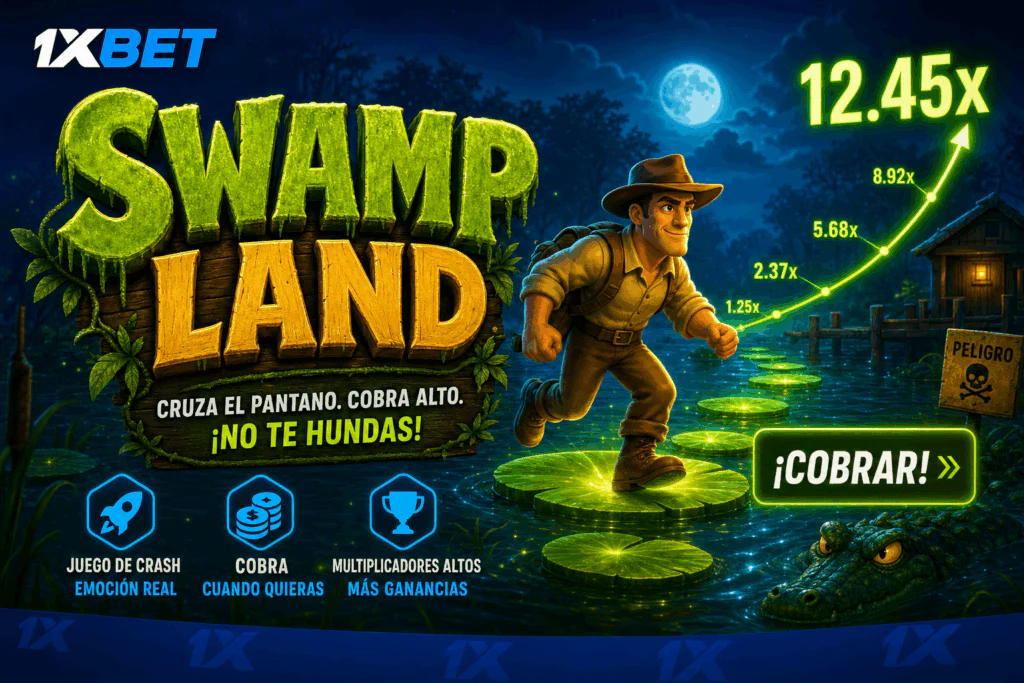 Banner gráfico del juego Swamp Land sobre fondo azul 1xBet